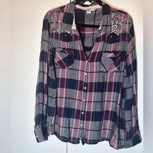 Embroidered Plaid Button Down Shirt Women’s Long Sleeve Boho Western XXL